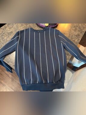 Men's Navy Crewneck Sweater with White Pinstripes